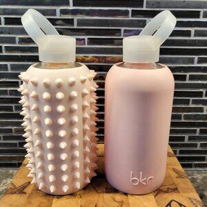 SET OF (2) BKR LITTLE WATER BOTTLE TUTU BALLET PINK SPIKED 16 OZ GLASS SILICONE